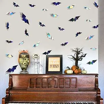 72Pcs Bats Halloween Decoration Iridescent 3D Bats Wall Decor Black Silver Holographic Paper Decorative Bat Wall Art Decals Stickers Spooky Bats for Halloween Home Room Decor Party Decoration Supplies