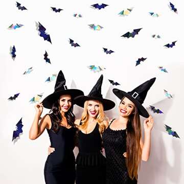 72Pcs Bats Halloween Decoration Iridescent 3D Bats Wall Decor Black Silver Holographic Paper Decorative Bat Wall Art Decals Stickers Spooky Bats for Halloween Home Room Decor Party Decoration Supplies
