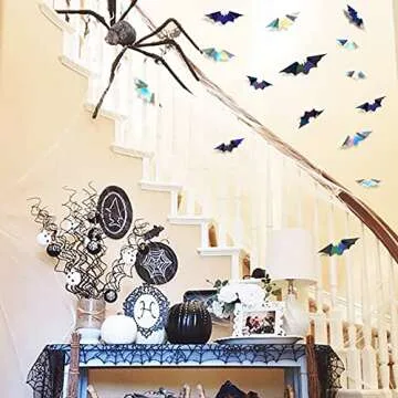 72Pcs Bats Halloween Decoration Iridescent 3D Bats Wall Decor Black Silver Holographic Paper Decorative Bat Wall Art Decals Stickers Spooky Bats for Halloween Home Room Decor Party Decoration Supplies