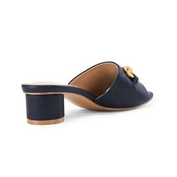 Coutgo Women's Slide Sandals Square Open Toe Slip on Comfortable Mules Block Low Heel Metal Chain Dressy Shoes,Navy,Size 7.5