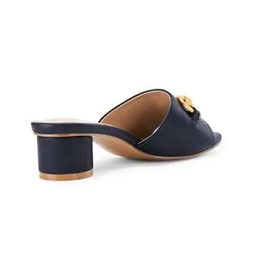 Coutgo Women's Slide Sandals Square Open Toe Slip on Comfortable Mules Block Low Heel Metal Chain Dressy Shoes,Navy,Size 7.5