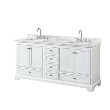 Wyndham Collection Deborah 72 inch Double Bathroom Vanity in White, White Carrara Marble Countertop,...