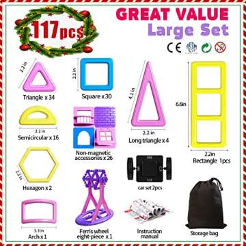 Tolnetr 117PCS Magnetic Tiles Toys, Castle Magnetic Building Blocks Toys for 3 Year Old Girl Gifts, Montessori Toddler Gifts for 3 4 5 6 7 Year, Construction Magnet Toys for Kids Ages 4-8