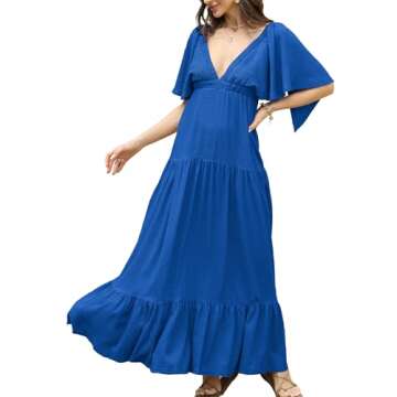 Kikibell Summer Dresses for Women Wedding Guest Dresses Deep V Neck Flutter Sleeves Backless Maxi Dr...