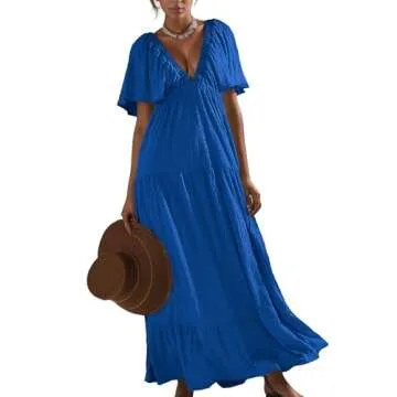 Kikibell Summer Dresses for Women Wedding Guest Dresses Deep V Neck Flutter Sleeves Backless Maxi Dresses Royal Blue L