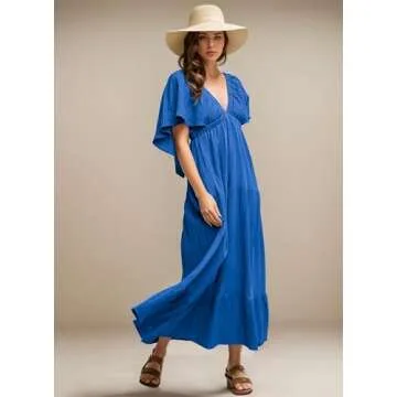 Kikibell Summer Dresses for Women Wedding Guest Dresses Deep V Neck Flutter Sleeves Backless Maxi Dresses Royal Blue L