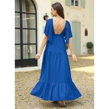 Kikibell Summer Dresses for Women Wedding Guest Dresses Deep V Neck Flutter Sleeves Backless Maxi Dresses Royal Blue L