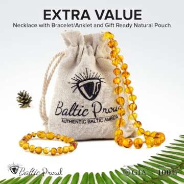 Baltic Amber Necklace and Bracelet Gift Set (Unisex Honey 12.5 Inches/5.5 Inches) - Certified Premium Quality Raw Baltic Sea Amber