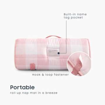Wake In Cloud - Toddler Nap Mat with Pillow and Blanket, for Kids Boys Girls in Kindergarten Daycare Preschool Pre K, Roll Up Sleeping Bag, Gingham Plaid Grid Checkered, Light Pink White, Standard