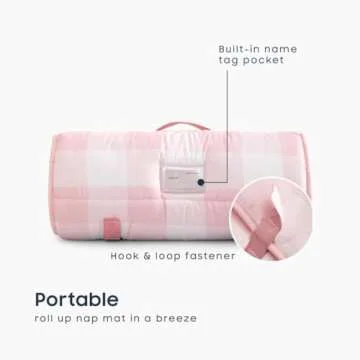Wake In Cloud - Toddler Nap Mat with Pillow and Blanket, for Kids Boys Girls in Kindergarten Daycare Preschool Pre K, Roll Up Sleeping Bag, Gingham Plaid Grid Checkered, Light Pink White, Standard
