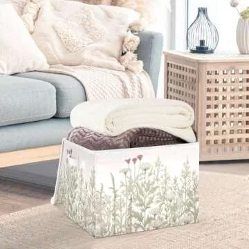 xigua Vintage Colorful Herbs and Wild Flowers Floral Storage Bins with Lids and Carrying Handle,Foldable Storage Boxes Organizer Containers Baskets Cube with Cover for Home Bedroom Closet Office