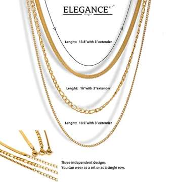 Elegance 11 designs 14k Gold Layered Herringbone Figaro Chain Necklaces Set For Women Real Gold Plat...