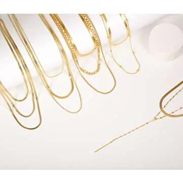 Elegance 11 designs 14k Gold Layered Herringbone Figaro Chain Necklaces Set For Women Real Gold Plated Stainless Steel Choker Flat Snake Chain Gold Non Tarnish Jewelry For Women