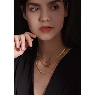 Elegance 11 designs 14k Gold Layered Herringbone Figaro Chain Necklaces Set For Women Real Gold Plated Stainless Steel Choker Flat Snake Chain Gold Non Tarnish Jewelry For Women