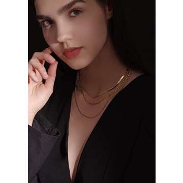 Elegance 11 designs 14k Gold Layered Herringbone Figaro Chain Necklaces Set For Women Real Gold Plated Stainless Steel Choker Flat Snake Chain Gold Non Tarnish Jewelry For Women