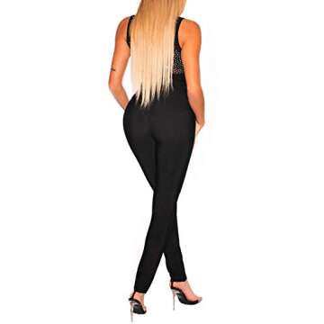 Lrady Womens Black Sheer Mesh Silver Rhinestone Studded High Neck Shapewear Bodysuits