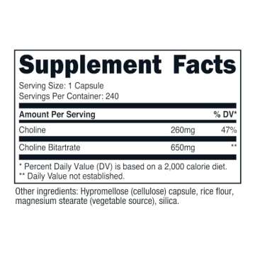 Nutricost Choline Bitartrate 650mg, 240 Vegetarian Capsules - Non-GMO, Vegetarian Friendly, Gluten F...