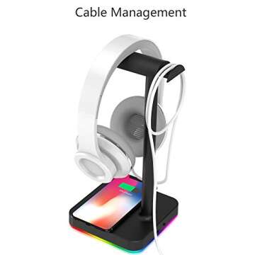 KAFRI RGB Headphone Stand with Wireless Charger Desk Gaming Headset Holder Hanger Rack with 10W/7.5W QI Charging Pad and QC 3.0 USB Port - Suitable for Gamer Desktop Table Game Earphone Accessories