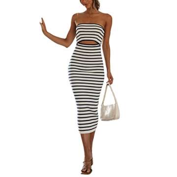 Women Knitted Y2k Long Dress Sleeveless Cutout Split Bodycon Maxi Dress Color Block Striped Tank Midi Dress Beach(B Tube Dress Cutout Stripe,S)