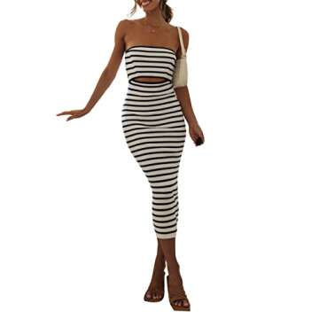 Women Knitted Y2k Long Dress Sleeveless Cutout Split Bodycon Maxi Dress Color Block Striped Tank Midi Dress Beach(B Tube Dress Cutout Stripe,S)