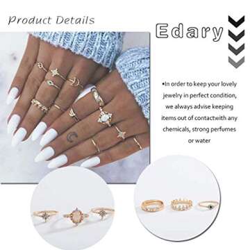 Edary Boho Joint Knuckle Ring Set Gemstone Stacking Rings Set Vintage Mid Rings for Women(12PCS)