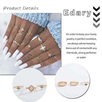 Edary Boho Joint Knuckle Ring Set Gemstone Stacking Rings Set Vintage Mid Rings for Women(12PCS)