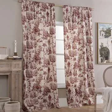 Red Curtains Drapes 84 Inch Length for Dining Room Decor,Pretty Toile Pattern Print Cream White Blac...