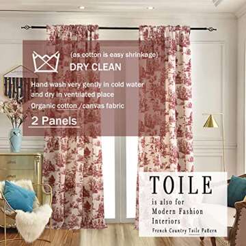 Red Curtains Drapes 84 Inch Length for Dining Room Decor,Pretty Toile Pattern Print Cream White Blackout Floral Farmhouse Christmas Country Cute Curtain for Living Bedroom Window Set 2 Panels Burgundy