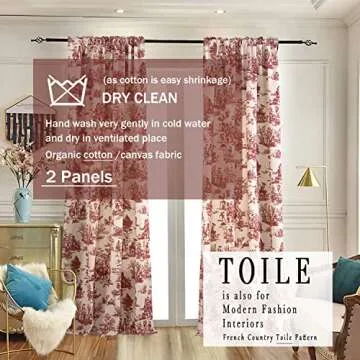 Red Curtains Drapes 84 Inch Length for Dining Room Decor,Pretty Toile Pattern Print Cream White Blackout Floral Farmhouse Christmas Country Cute Curtain for Living Bedroom Window Set 2 Panels Burgundy