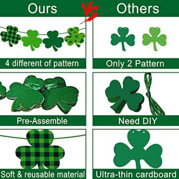 4PCS Felt Shamrock Clover Garland Banner - NO DIY, St. Patrick's Day Decorations - Buffalo Plaid Dar...