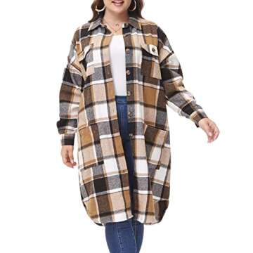 MCEDAR Women's Oversized Long Plaid Shacket Jacket Casual Lapel Long Sleeve Button Down Plus Size Flannel Shirt OOTD99804-G3X