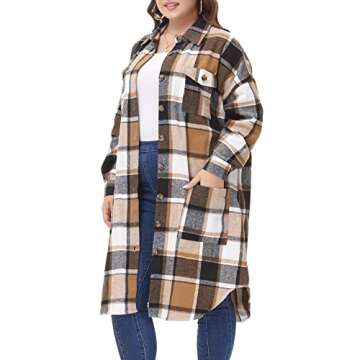 MCEDAR Women's Oversized Long Plaid Shacket Jacket Casual Lapel Long Sleeve Button Down Plus Size Flannel Shirt OOTD99804-G3X