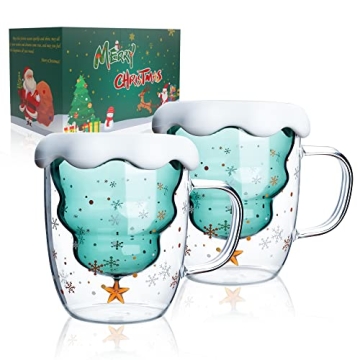 LIBWYS Christmas Tree Mugs - Festive Double Walled Glass Set