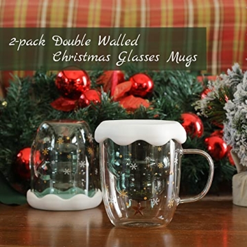 LIBWYS Christmas Tree Mugs - Festive Double Walled Glass Set
