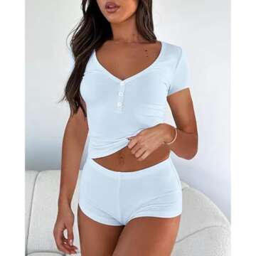 RUEWEY Women 2 Piece Pajama Set Ribbed Knit Short Sleeve Button Up Crop Tops and Shorts Lounge Sleepwear PJs (Blue, S)