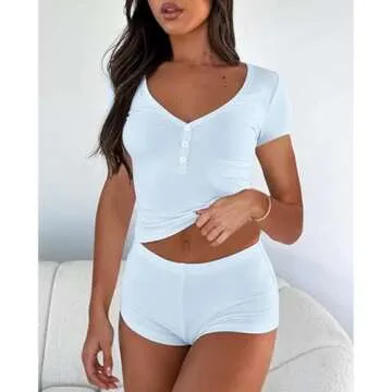 RUEWEY Women 2 Piece Pajama Set Ribbed Knit Short Sleeve Button Up Crop Tops and Shorts Lounge Sleepwear PJs (Blue, S)