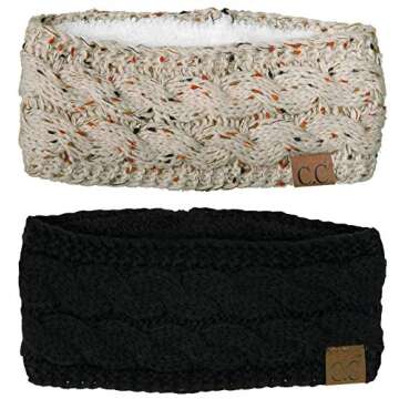Funky Junque Fleece Headbands for Women Winter Warm Head Wrap Ear Warmer - 1 Confetti Oatmeal, 1 Sol...