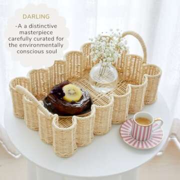 BEBE BASK Premium Wavy Scalloped Rattan Tray - Small Hand-Woven Scallop Wicker Tray - Uniquely Elega...
