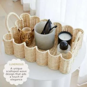 BEBE BASK Scalloped Rattan Tray - Handcrafted Elegance