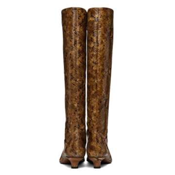MOOMMO Women Snakeskin Kitten Heel Knee High Boots Square Toe Matte Pull On Wide Calf Pleated Low He...