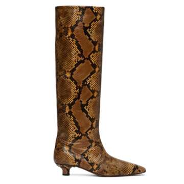 MOOMMO Women Snakeskin Kitten Heel Knee High Boots Square Toe Matte Pull On Wide Calf Pleated Low Heel Long Boots Retro Dress Boots Chic Party Comfy Knee Height Snakeskin Brown 7 M US