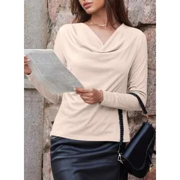EVALESS Womens Spring Shirts 2025 Cowl Neck Business Casual Outfits for Women Stretchy Formal Office Teacher Outfits Solid Beige Draped Top Clothes Dressy Casual Satin Tee Shirt for Women, Medium