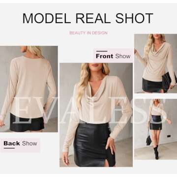 EVALESS Womens Spring Shirts 2025 Cowl Neck Business Casual Outfits for Women Stretchy Formal Office Teacher Outfits Solid Beige Draped Top Clothes Dressy Casual Satin Tee Shirt for Women, Medium