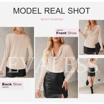 EVALESS Womens Spring Shirts 2025 Cowl Neck Business Casual Outfits for Women Stretchy Formal Office Teacher Outfits Solid Beige Draped Top Clothes Dressy Casual Satin Tee Shirt for Women, Medium