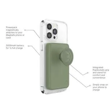 PopSockets PowerPack for MagSafe Magnetic Power Bank, Portable Phone Charger, Magnetic Wireless Battery Pack, 5000mAh for iPhone 16/15/14/13/12 Pro/Pro Max/Plus - Eucalyptus