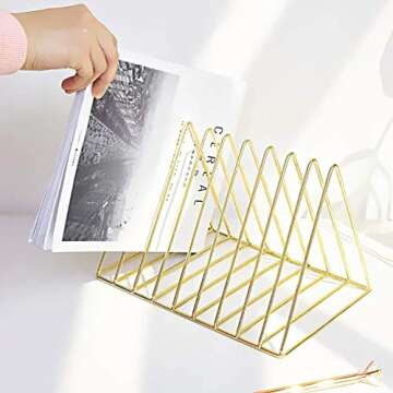 Magazine Rack Book Record Holder, Desktop Iron Storage Rack Bookshelf Multifunction Triangle File Organizer Decor Home Office (Gold)