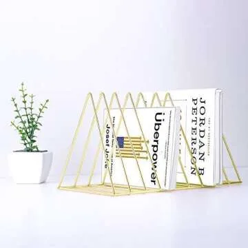 Magazine Rack Book Record Holder, Desktop Iron Storage Rack Bookshelf Multifunction Triangle File Organizer Decor Home Office (Gold)