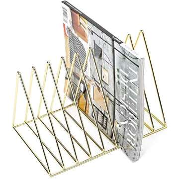 Magazine Rack Book Record Holder, Desktop Iron Storage Rack Bookshelf Multifunction Triangle File Organizer Decor Home Office (Gold)