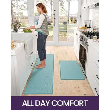 DEXI Kitchen Mats for Floor Cushioned Anti Fatigue, Set of 2, 17x29+17x59, Waterproof Stain Resistant Standing Mat, Supportive Memory Foam Rugs for Front Sink Office Laundry, Turquoise