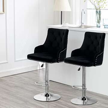Bar Stool Set of 2 Velvet Adjustable with Tufted Backrest, Counter Height Swivel Stool Upholstered M...